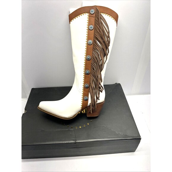 Arider Girl Knee High Boots White Brown Stripe Fringe Faux Turquoise Trim SZ 8 - Picture 1 of 12